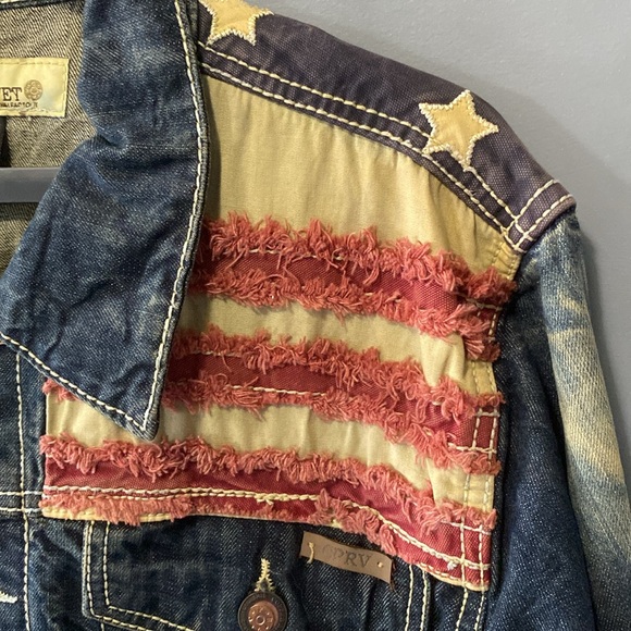 COPPER RIVET MEN'S USA STARS & STRIPES COTTON  DISTRESSED DENIM JACKET SIZE 2XL - Picture 4 of 10